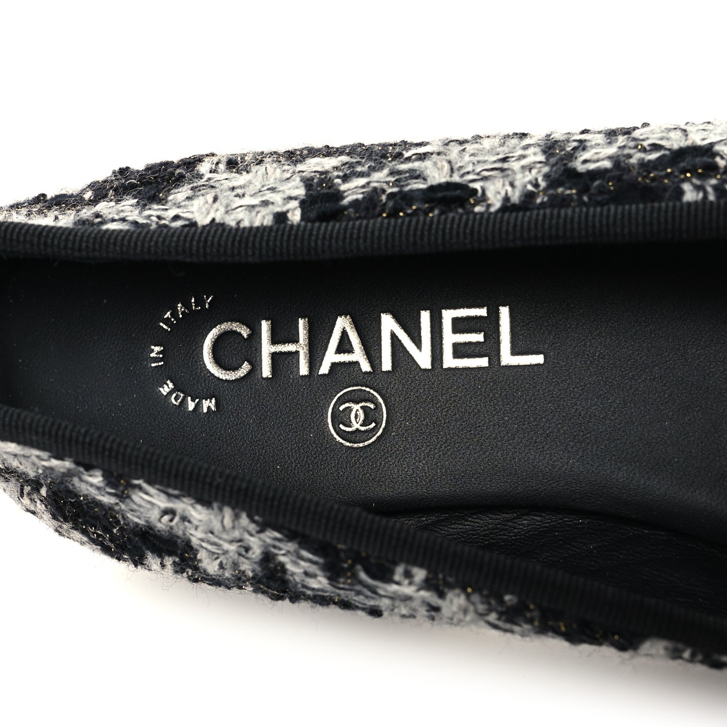 Tweed Grosgrain Cap Toe Ballerina Flats 38 Black White