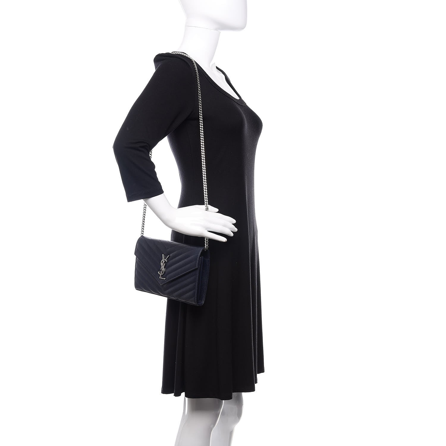 Saint Laurent Grain De Poudre Matelasse Chevron Monogram Chain Wallet Deep Marine 2 of 8