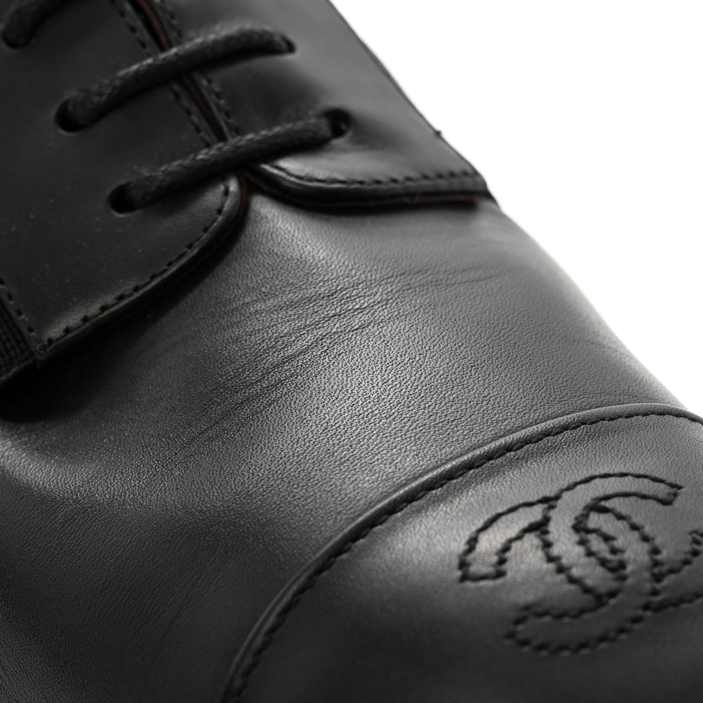 Calfskin Elastic Lace Up Cap Toe CC Loafers 40 Black