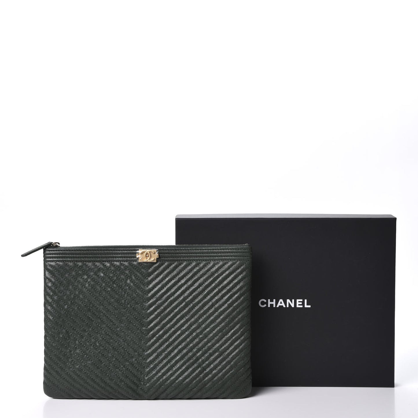 Caviar Chevron Quilted Medium Boy Zip Pouch Dark Green