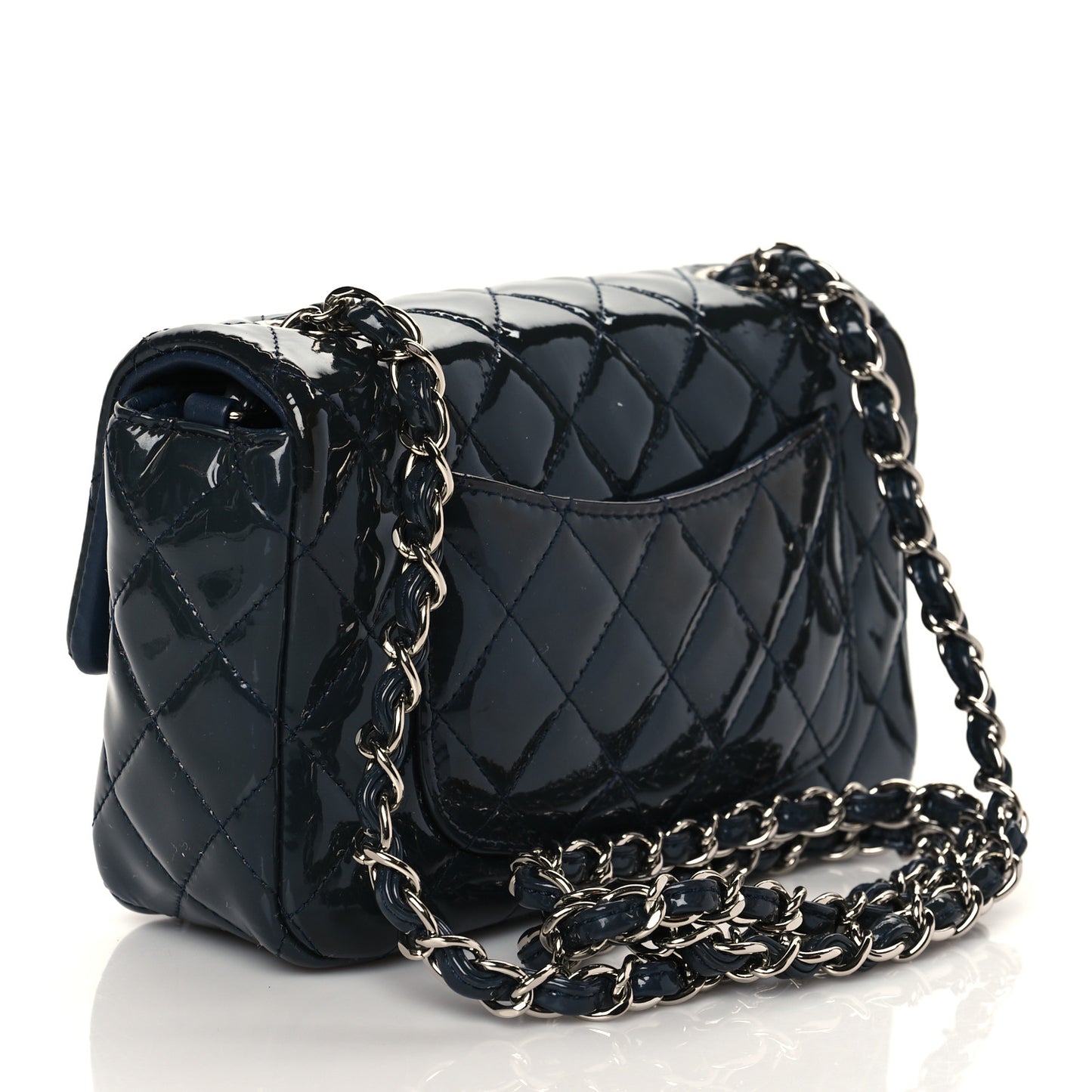 Patent Calfskin Quilted Mini Rectangular Flap Navy Blue