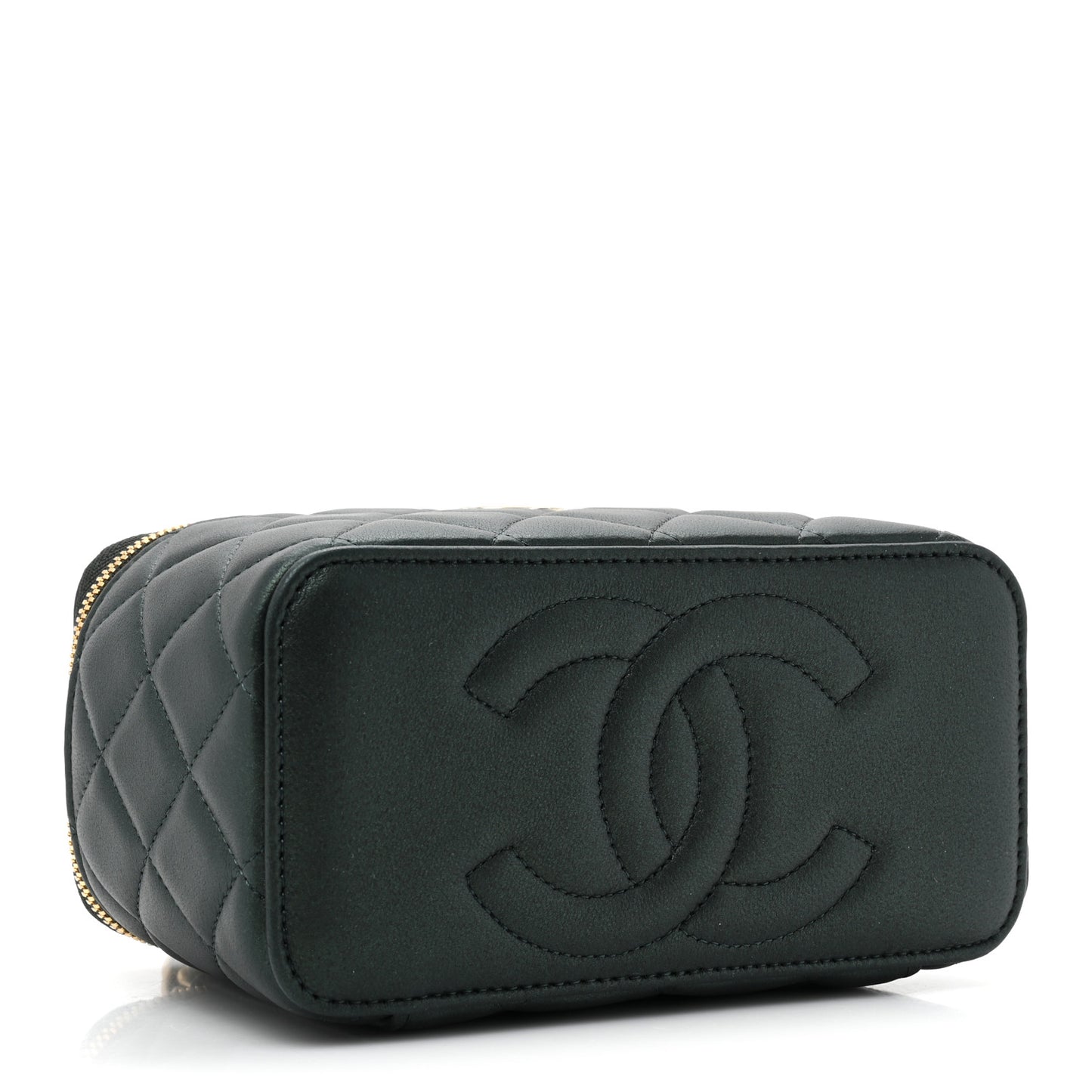 Iridescent Lambskin Quilted Small Top Handle Vanity Case With Chain Green