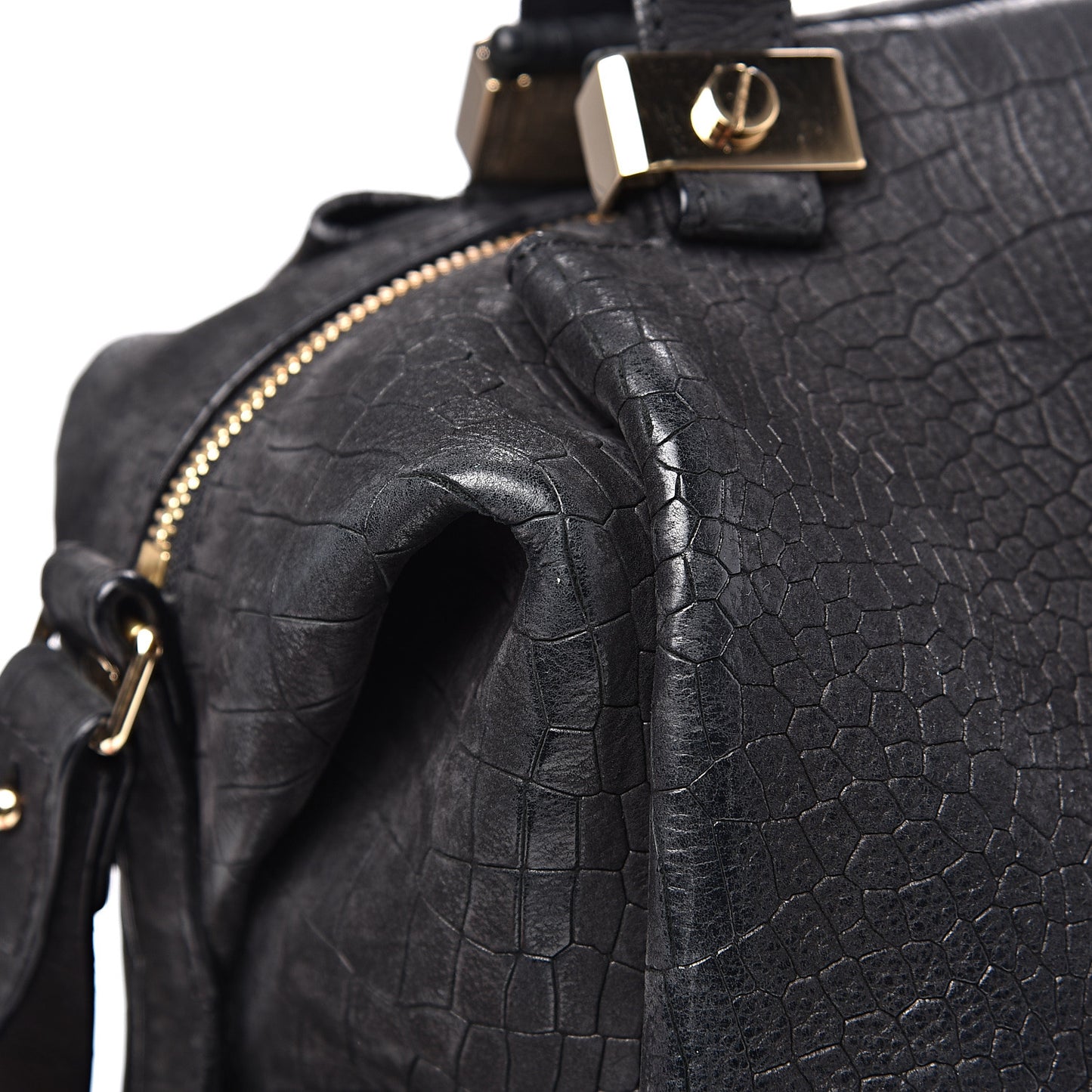 Crocodile Stamped Calfskin Trilogy Bowling Bag Black