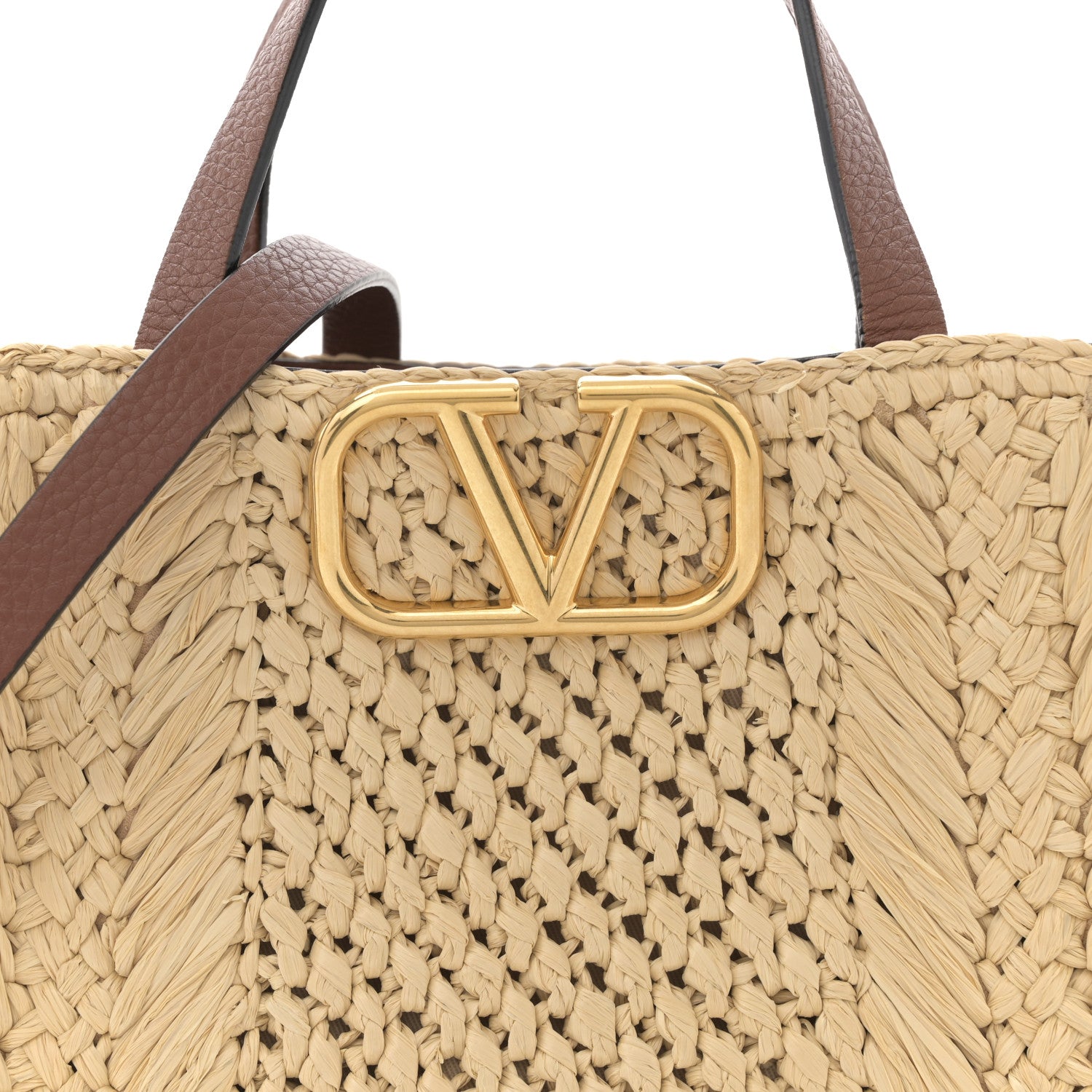 Valentino Garavani Raffia Calfskin Small Vlogo Signature Tote Natural Saddle Brown 7 of 10