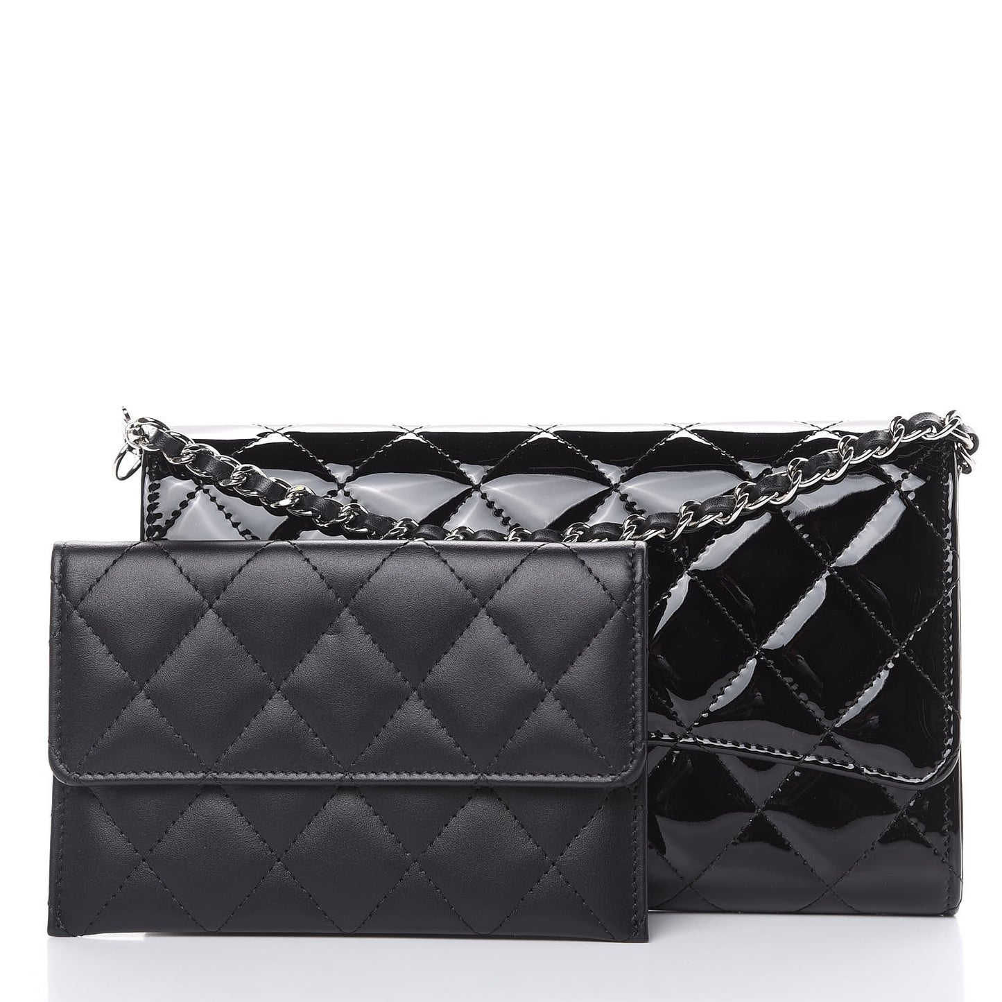 Patent Quilted Wallet On Removable Chain Black