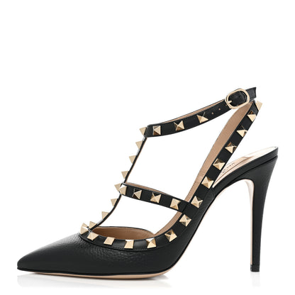 Valentino Garavani Pebbled Calfskin Rockstud Ankle Strap 100mm Pumps 38.5 Black 1 of 9