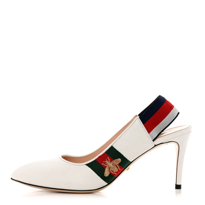 Gucci Malaga Kid Web Sylvie Mid Heel Slingback Pumps 38 White 1 of 12