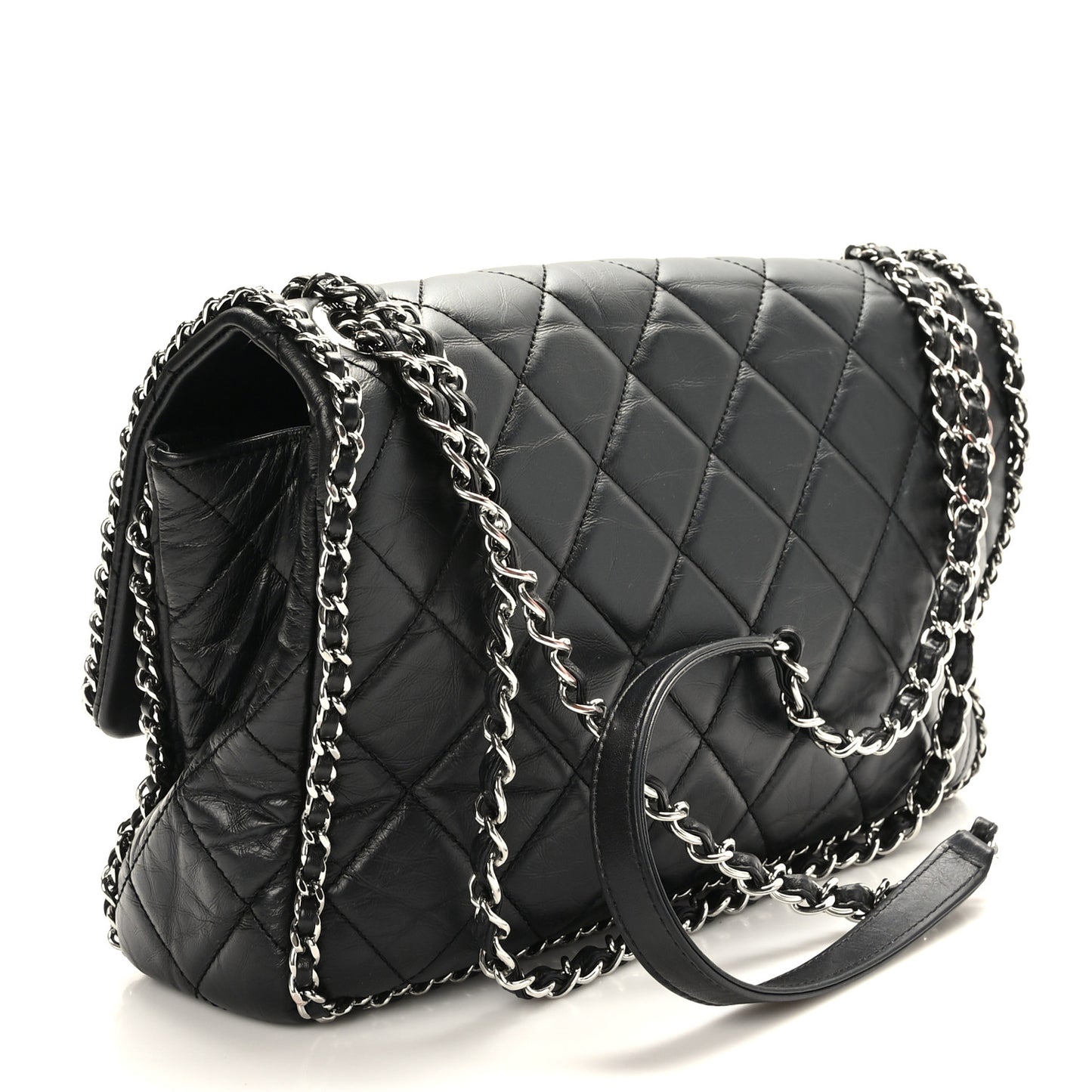 Crumpled Calfskin Quilted Large Chain All Over Flap Bag Black