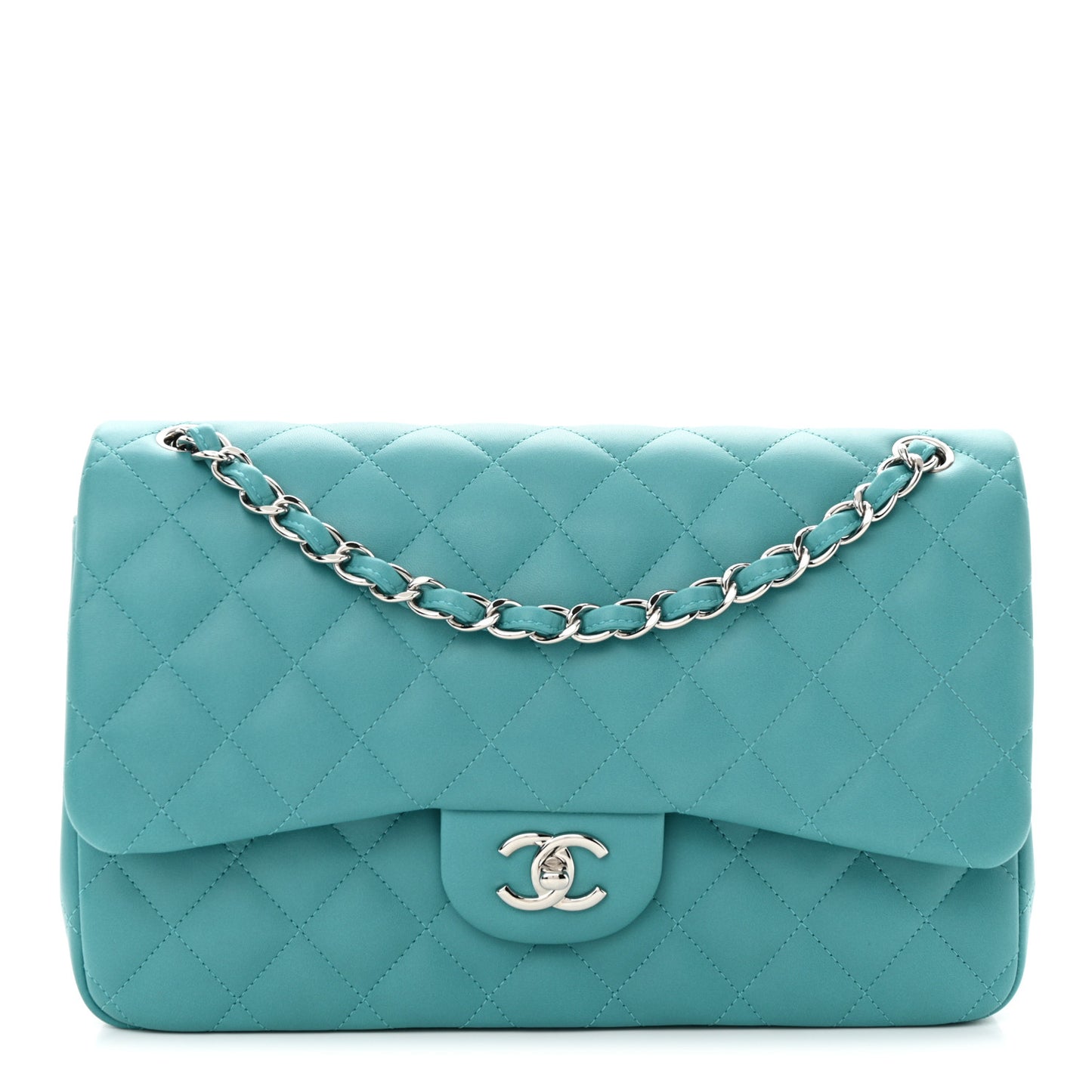 Lambskin Quilted Jumbo Double Flap Turquoise