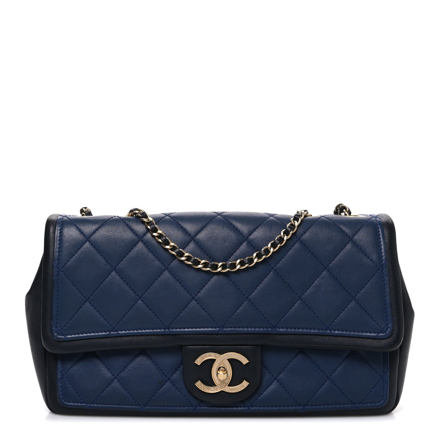 Calfskin Quilted Medium Graphic Flap Blue Black