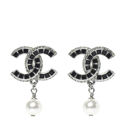 Chanel Baguette Crystal Pearl CC Drop Earrings Silver Black 1 of 4