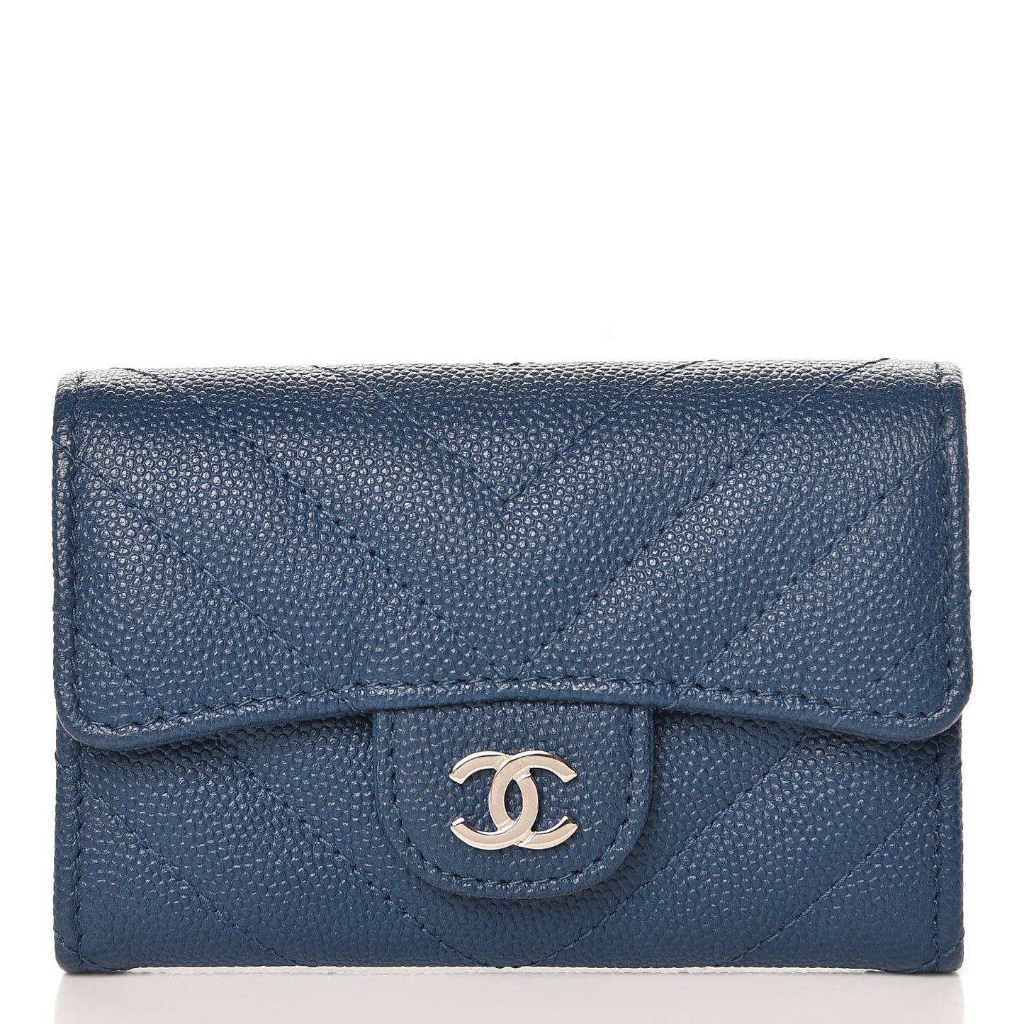 Caviar Chevron Quilted Card Holder Wallet Dark Blue