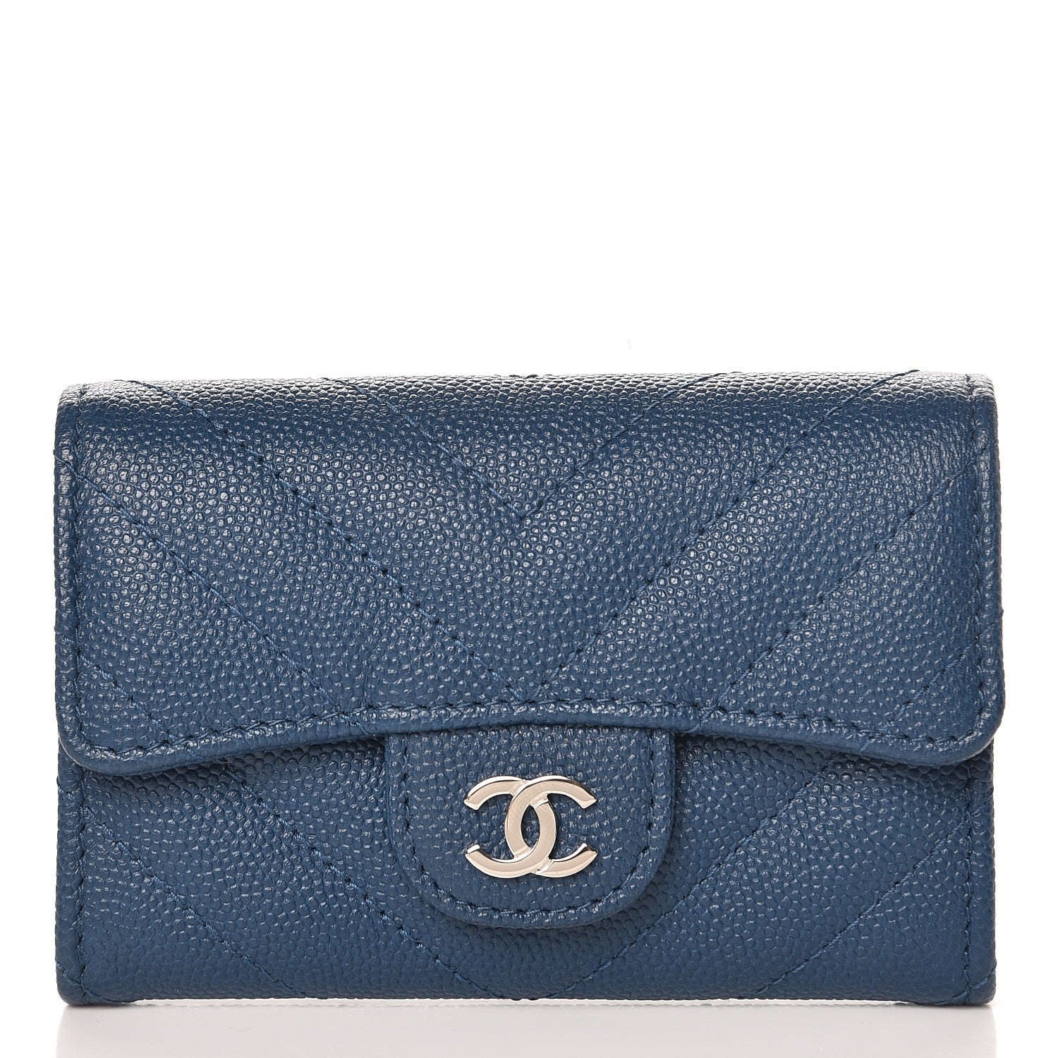 Chanel Caviar Chevron Quilted Card Holder Wallet Dark Blue 1 of 8
