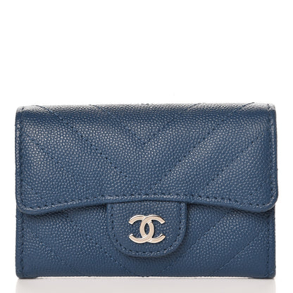 Chanel Caviar Chevron Quilted Card Holder Wallet Dark Blue 1 of 8