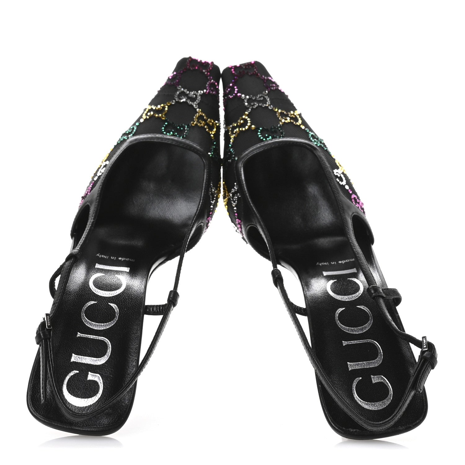 Gucci Tela Retino Nappa Charlotte Crystal GG Monogram Square G 75mm Slingback Pumps 39.5 Black 2 of 8