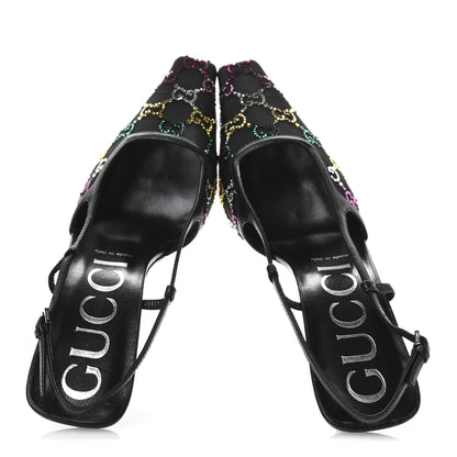 Gucci Tela Retino Nappa Charlotte Crystal GG Monogram Square G 75mm Slingback Pumps 39.5 Black 2 of 8