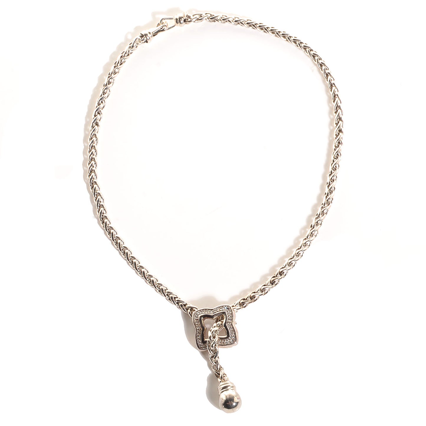 Sterling Silver Diamond Quatrefoil Lariat Wheat Chain Necklace