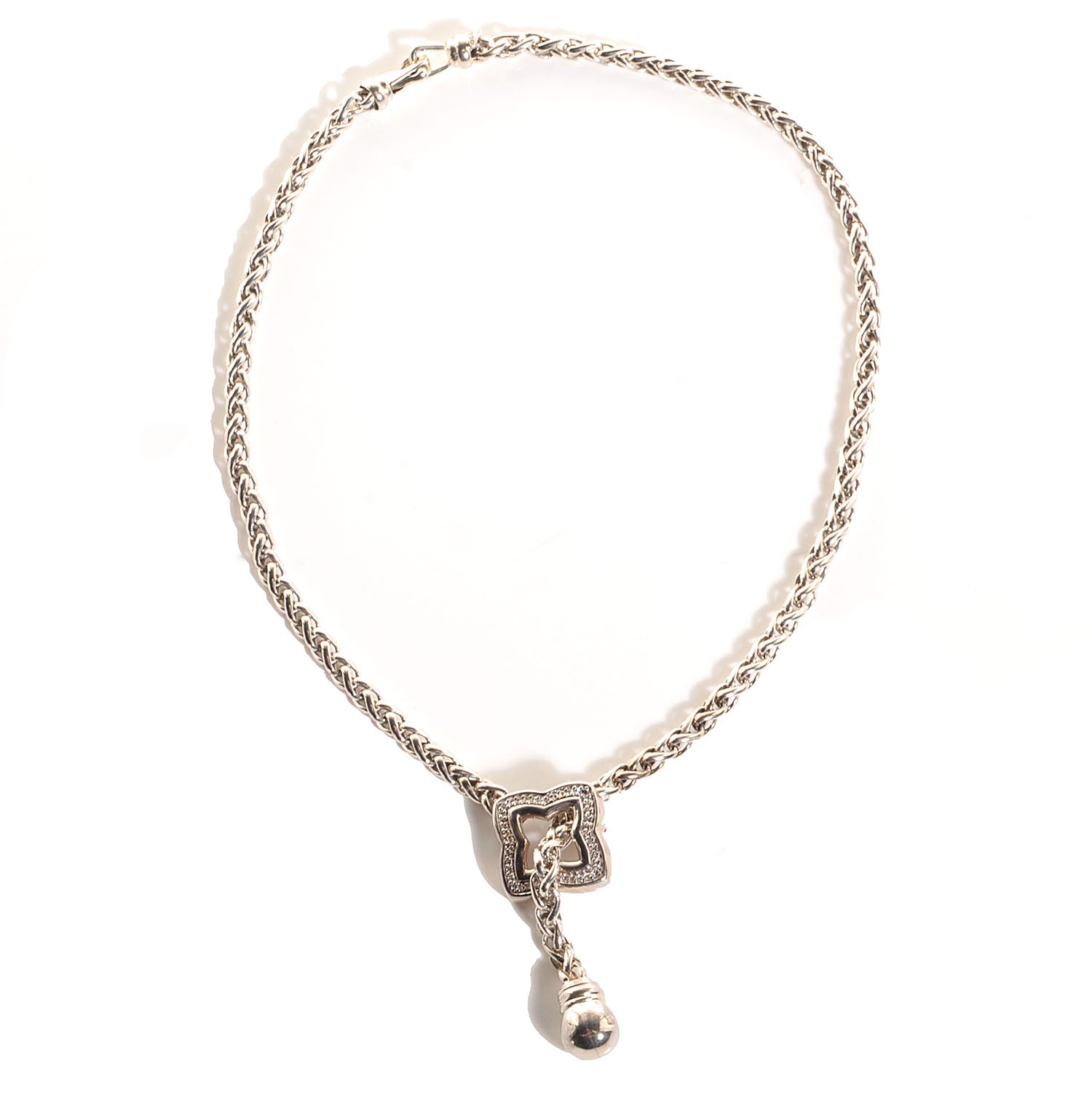David Yurman Sterling Silver Diamond Quatrefoil Lariat Wheat Chain Necklace 3 of 5