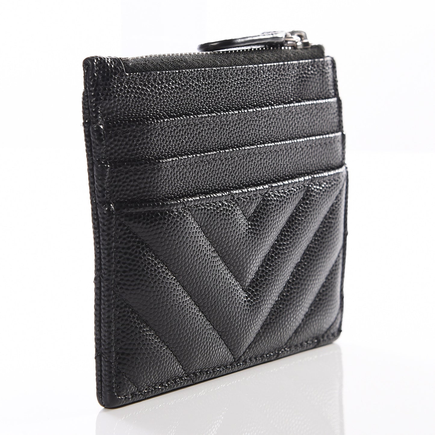 Caviar Chevron Quilted CC Zip Card Holder Black