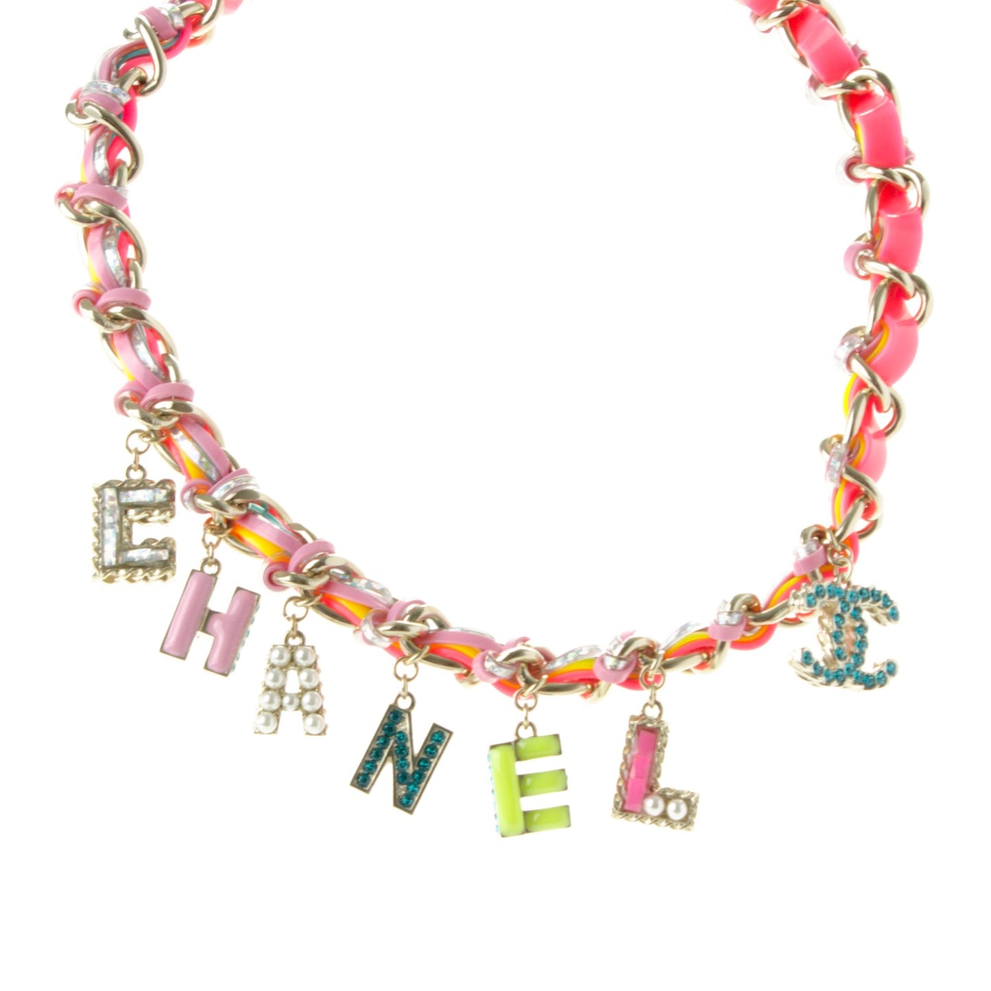 Metal Strass PVC Enamel CC Chain Link Choker Necklace Gold Blue Pink Yellow