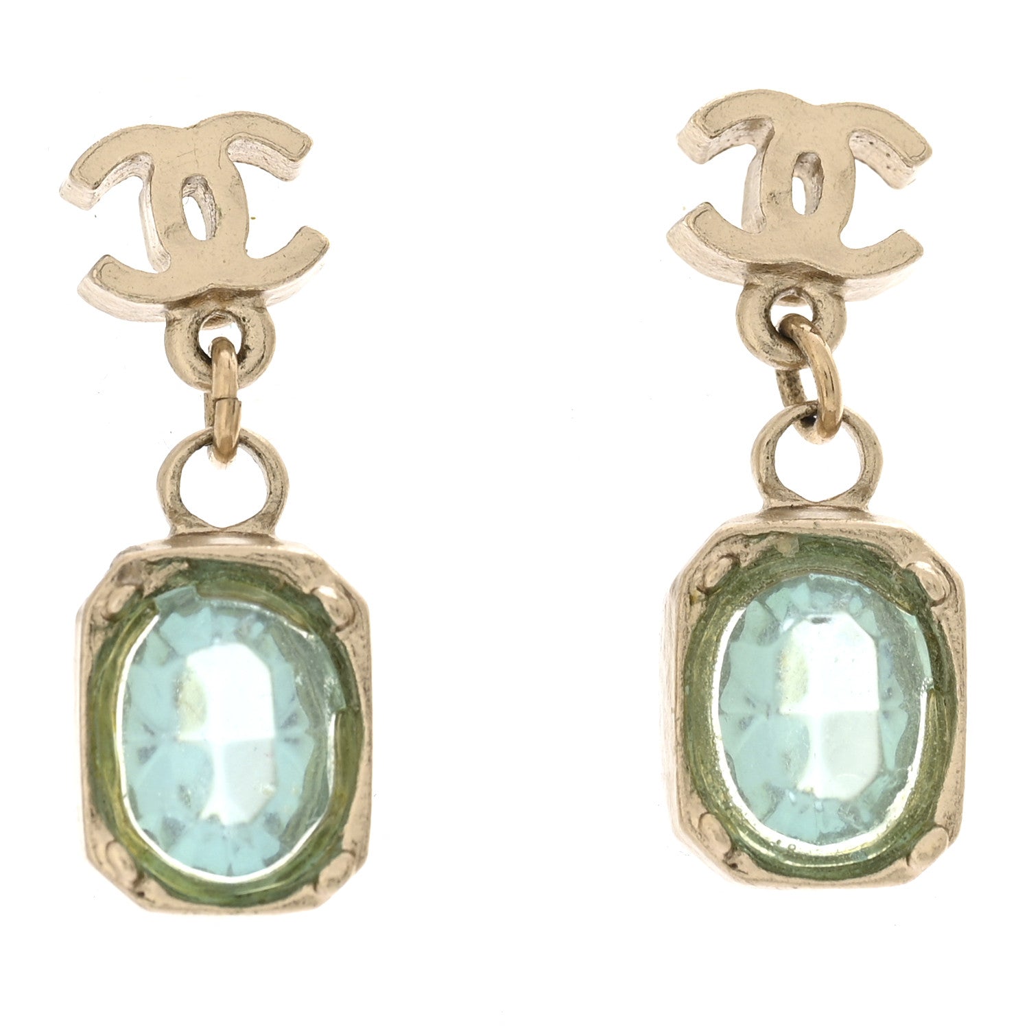 Chanel Crystal CC Drop Earrings Gold Blue 1 of 5