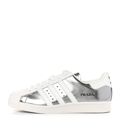 Prada X ADIDAS Brushed Calfskin Logo Mens Superstar Sneakers 8.5 Silver White 1 of 9