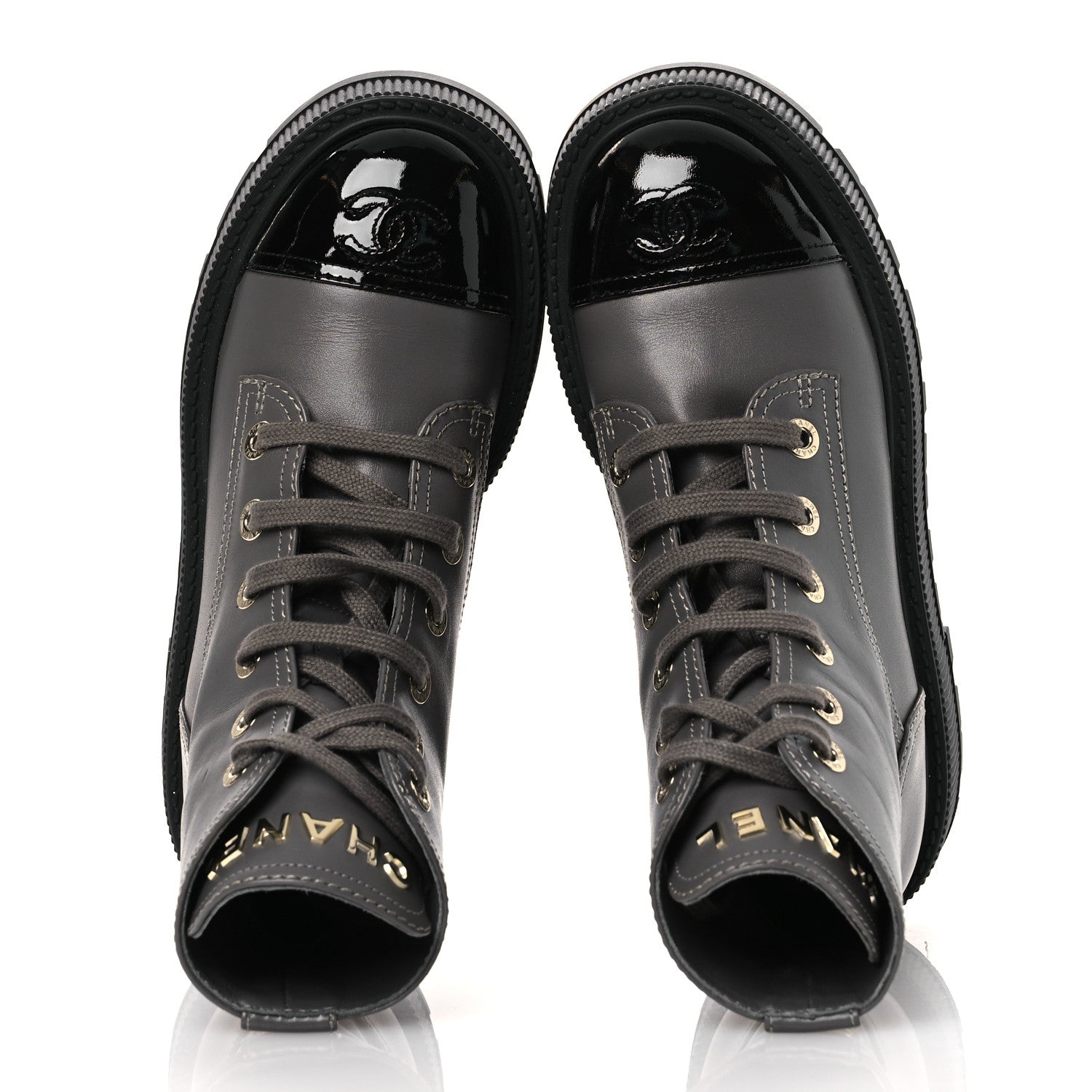 Chanel Calfskin Patent Calfskin CC Lace Up Combat Boots 36.5 Gray