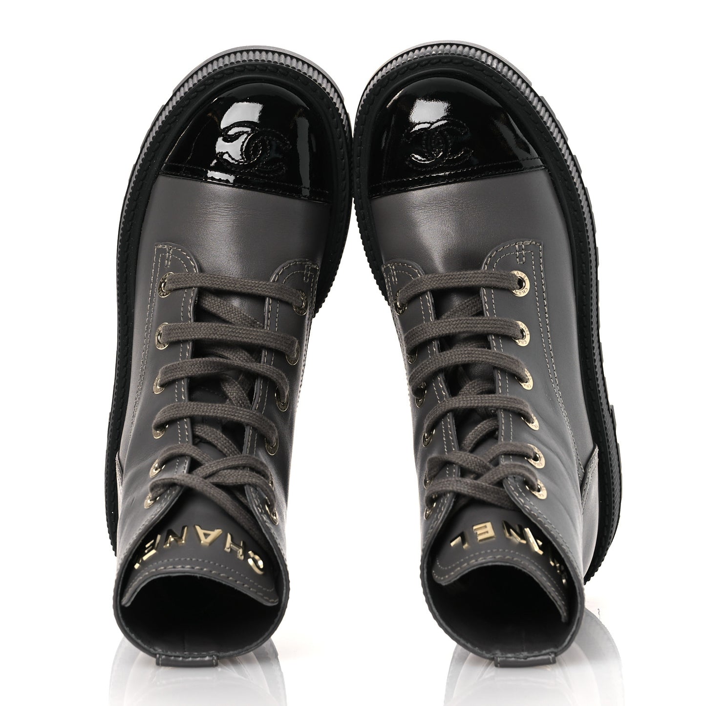 Calfskin Patent Calfskin CC Lace Up Combat Boots 36.5 Gray Black
