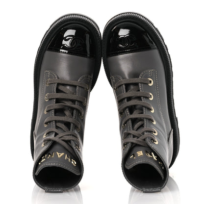 Chanel Calfskin Patent Calfskin CC Lace Up Combat Boots 36.5 Gray Black 2 of 11