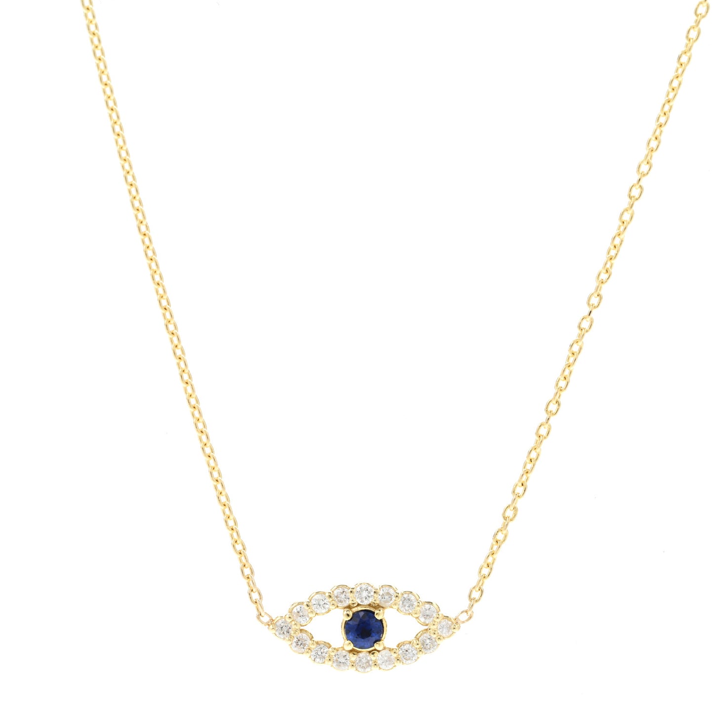 18K Yellow Gold Diamond Blue Sapphire Mini Open Evil Eye Necklace
