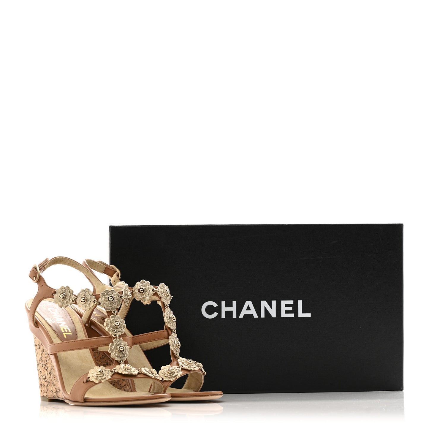 Lambskin Cork Camellia Wedge Sandals 37.5 Light Brown