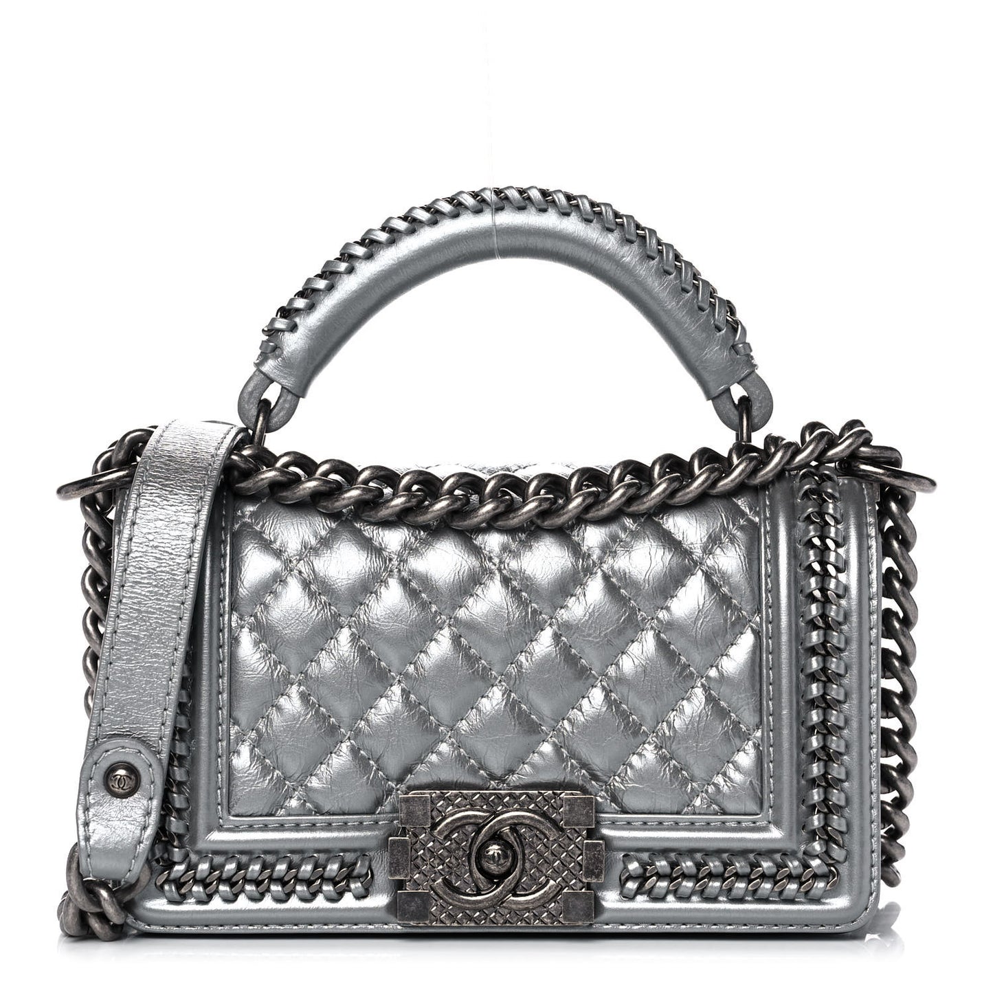 Metallic Aged Calfskin Quilted Small Boy Handle Flap Charcoal