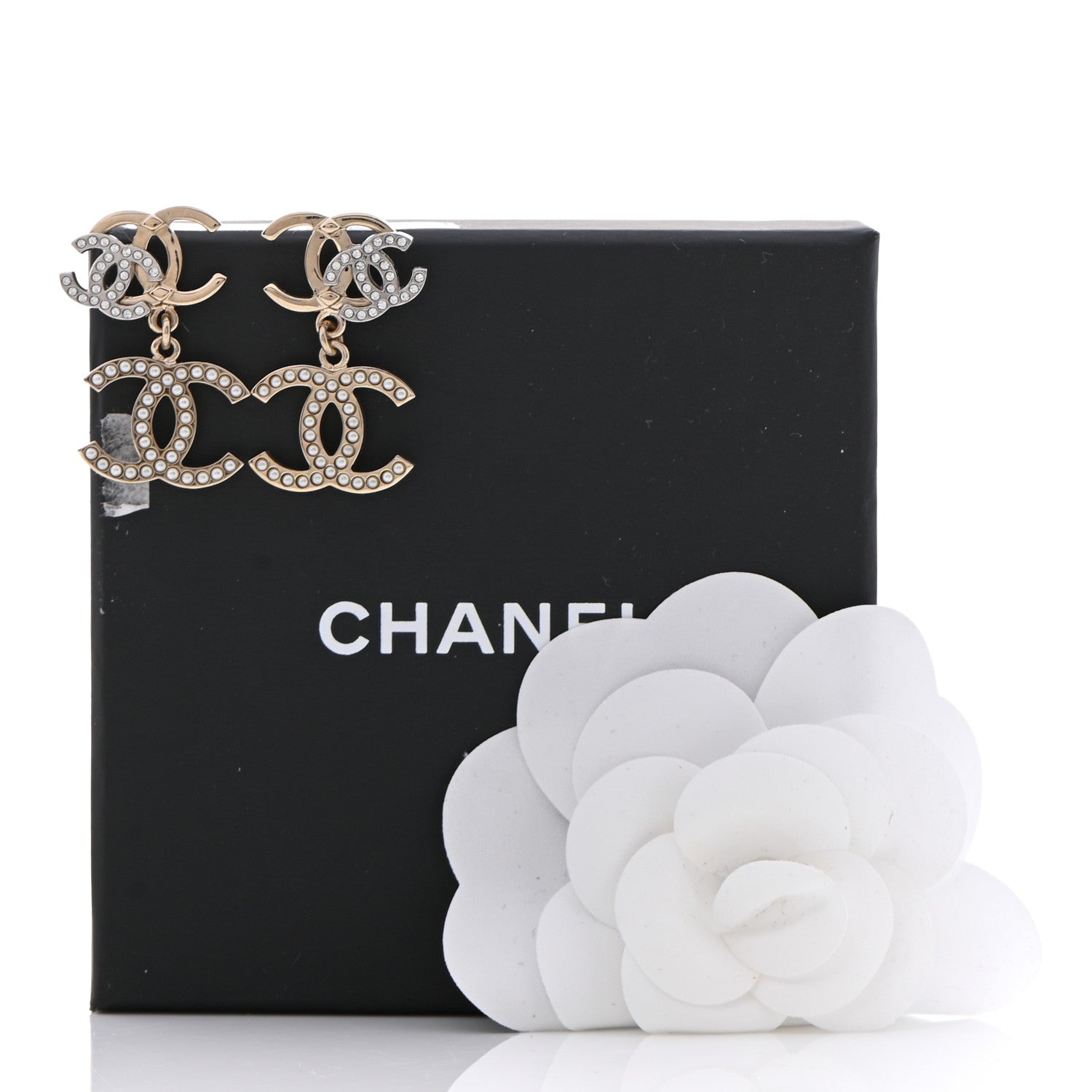 Chanel Crystal Pearl Double CC Drop Earrings Gold Silver 5 of 5