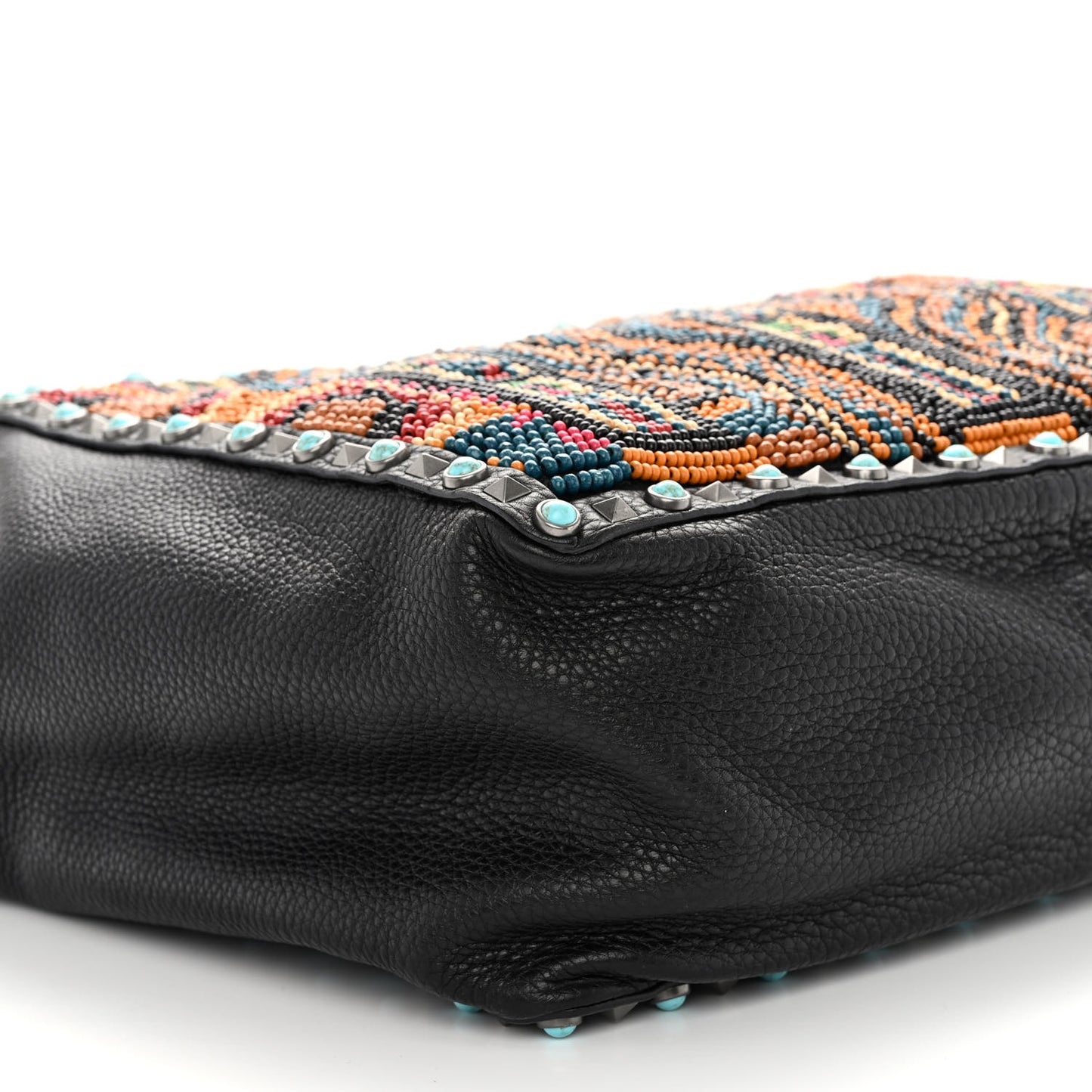 Pebbled Calfskin Beaded Guitar Strap Rockstud Rolling Tote Bag Black