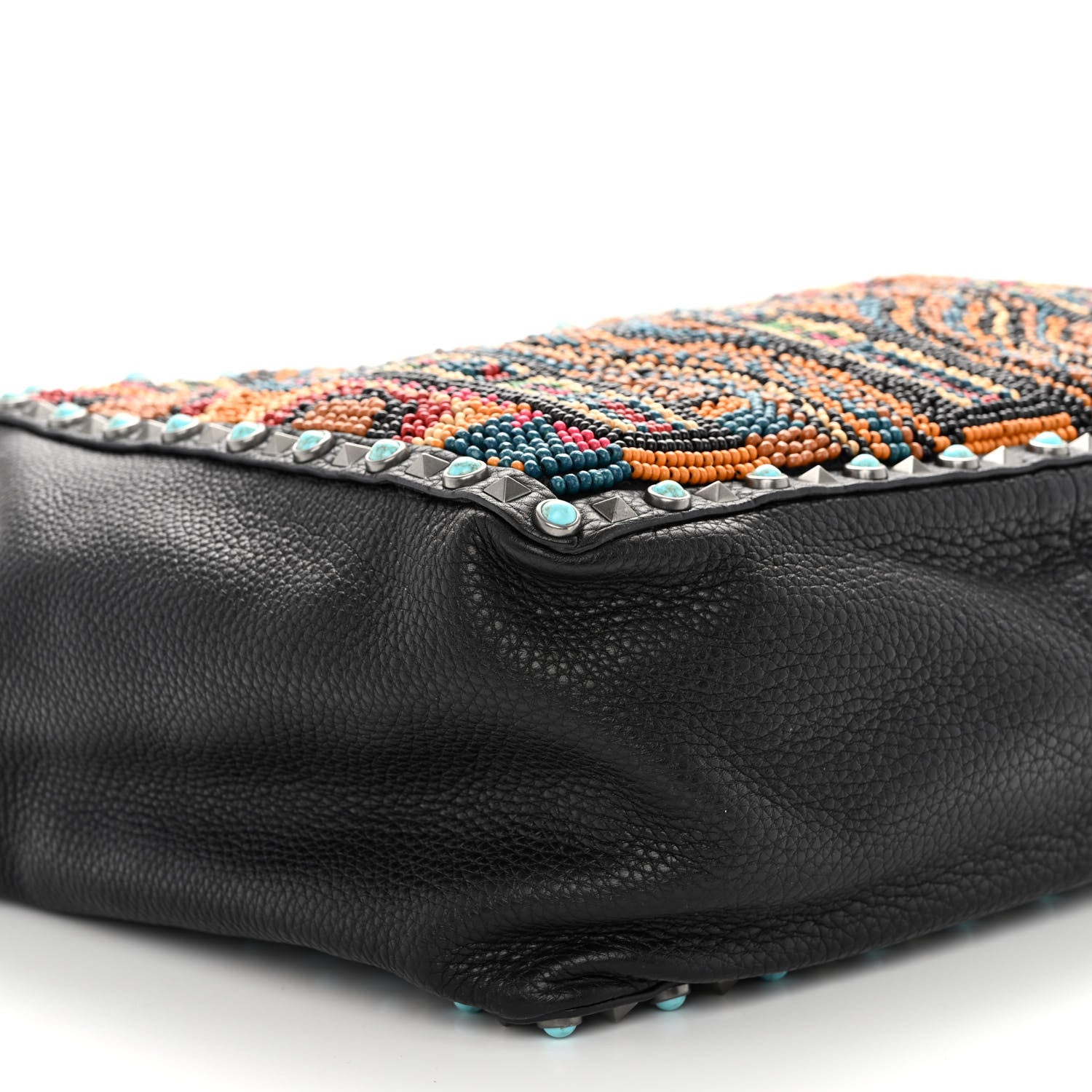 Valentino Garavani Pebbled Calfskin Beaded Guitar Strap Rockstud Rolling Tote Bag Black 8 of 9