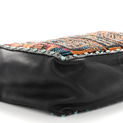 Valentino Garavani Pebbled Calfskin Beaded Guitar Strap Rockstud Rolling Tote Bag Black 8 of 9