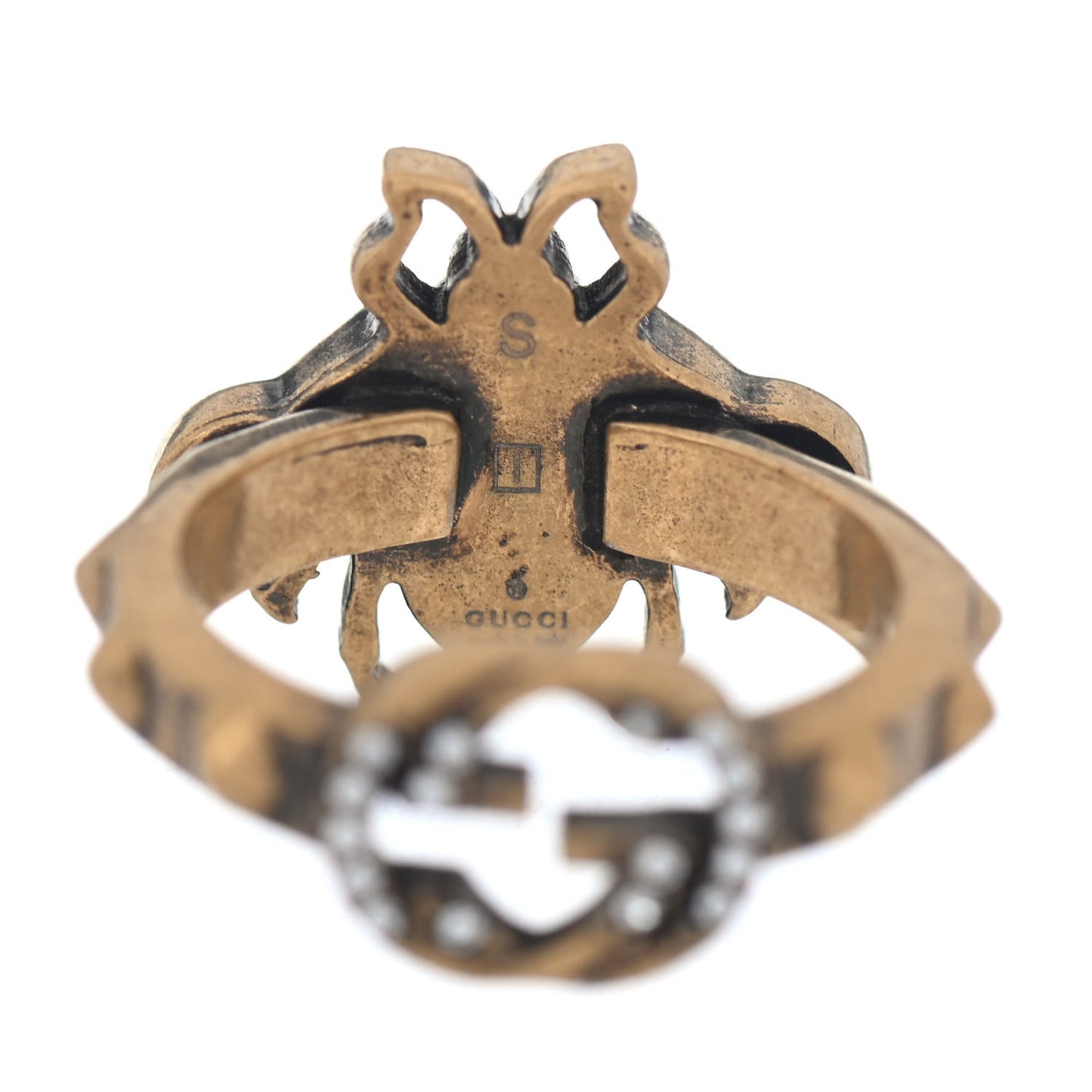 Metal Crystal Pearl Bee Ring S Aged Gold
