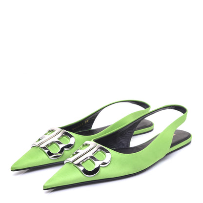 Balenciaga Satin BB Knife Pointy Toe Slingback Flats 38 Neon Green 3 of 11