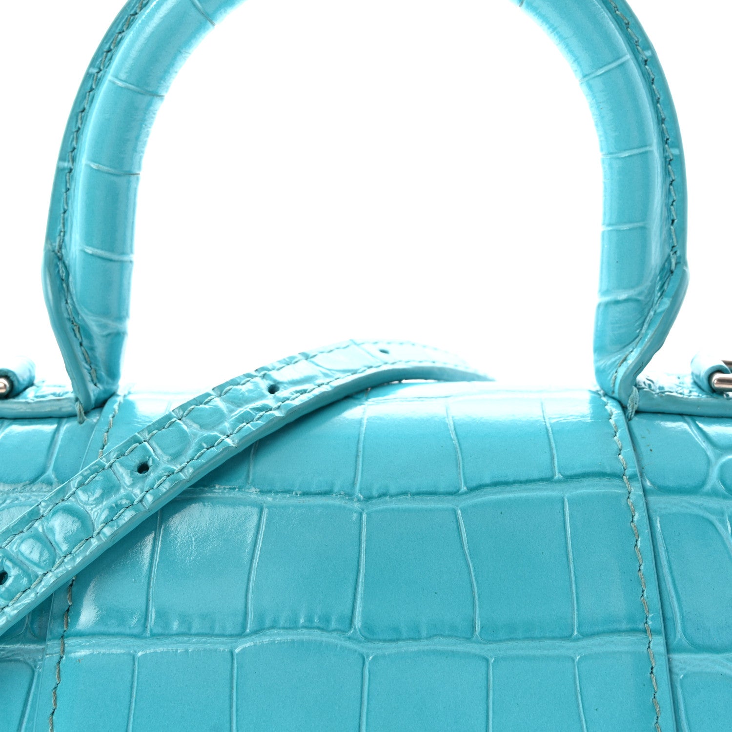 Balenciaga Shiny Calfskin Crocodile Embossed Hourglass Top Handle Bag XS Azur 7 of 9