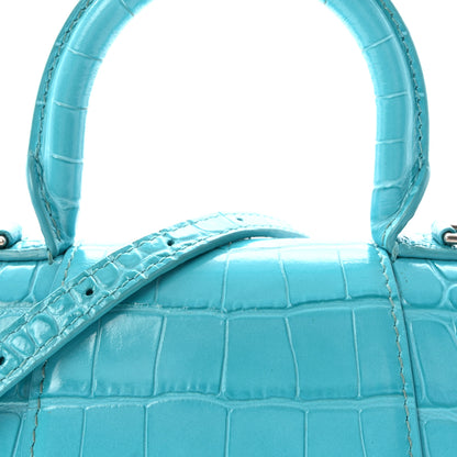 Balenciaga Shiny Calfskin Crocodile Embossed Hourglass Top Handle Bag XS Azur 7 of 9