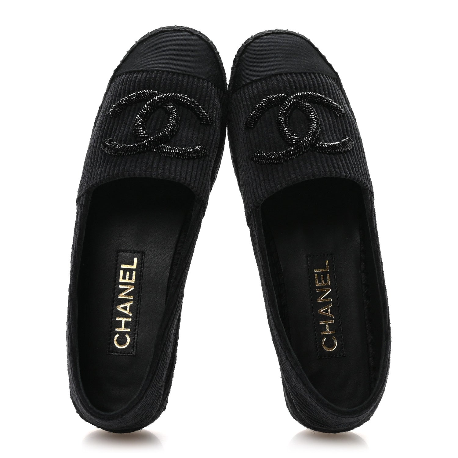 Chanel Corduroy Grosgrain Cap Toe CC Espadrille Flats 39 Black