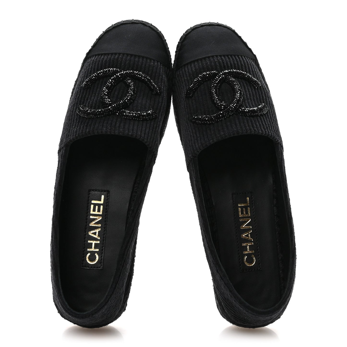 Corduroy Grosgrain Cap Toe CC Espadrille Flats 39 Black