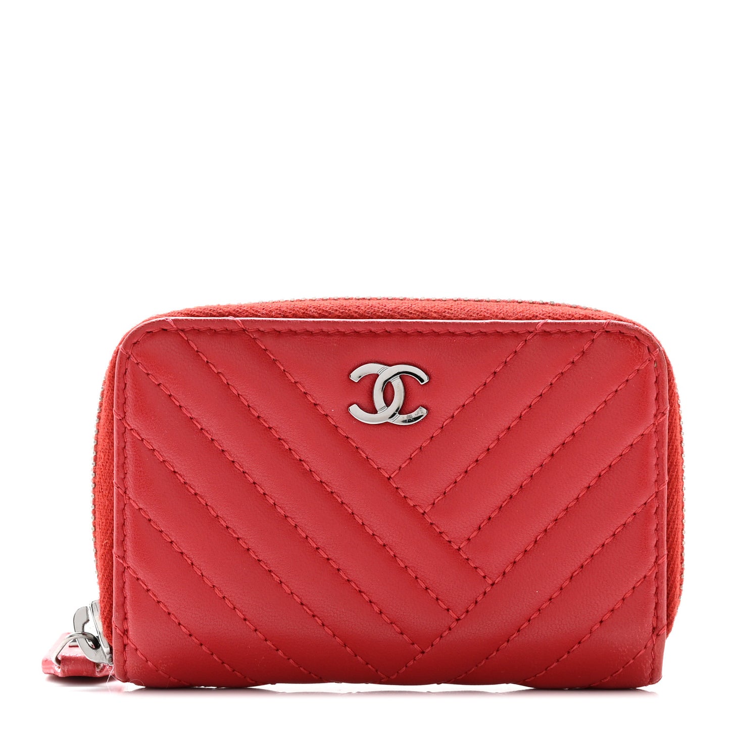 Lambskin Quilted Crossing Zip Around Coin Purse Red