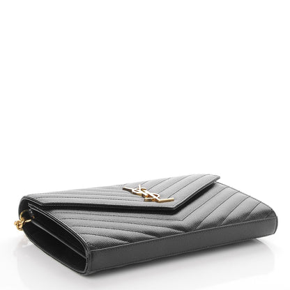 Saint Laurent Grain De Poudre Matelasse Chevron Monogram Chain Wallet Black 4 of 7