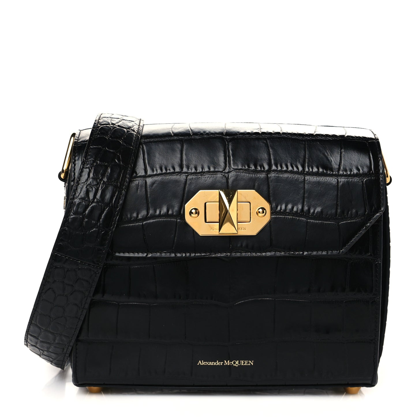 Calfskin Crocodile Embossed Box Shoulder Bag 21 Black