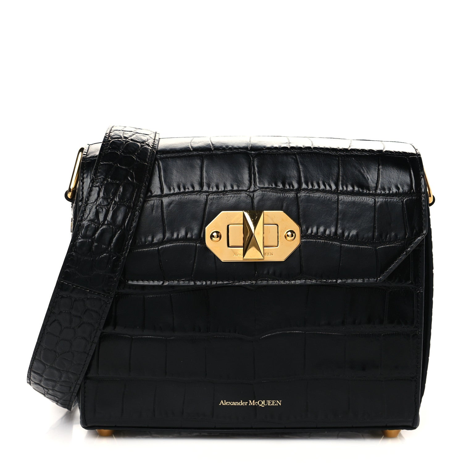 Alexander McQueen Calfskin Crocodile Embossed Box Shoulder Bag 21 Black 1 of 5