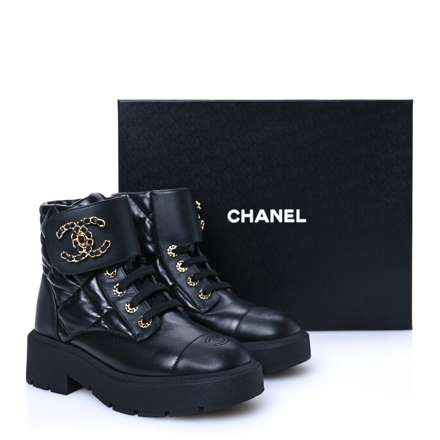Lambskin Calfskin Quilted Lace Up Combat Boots 38 Black