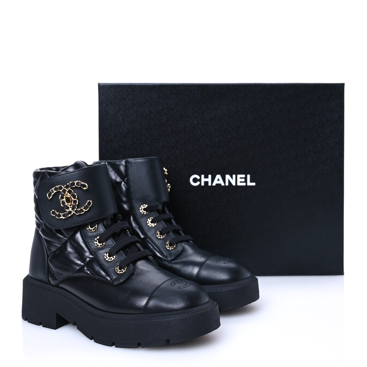 Chanel Lambskin Calfskin Quilted Lace Up Combat Boots 38 Black 12 of 12