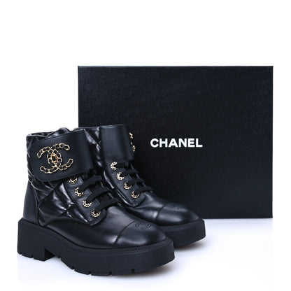 Chanel Lambskin Calfskin Quilted Lace Up Combat Boots 38 Black 12 of 12