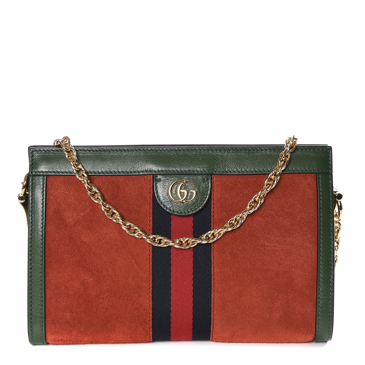 Gucci Suede Calfskin GG Web Small Ophidia Chain Shoulder Bag Brown Red Green 1 of 9